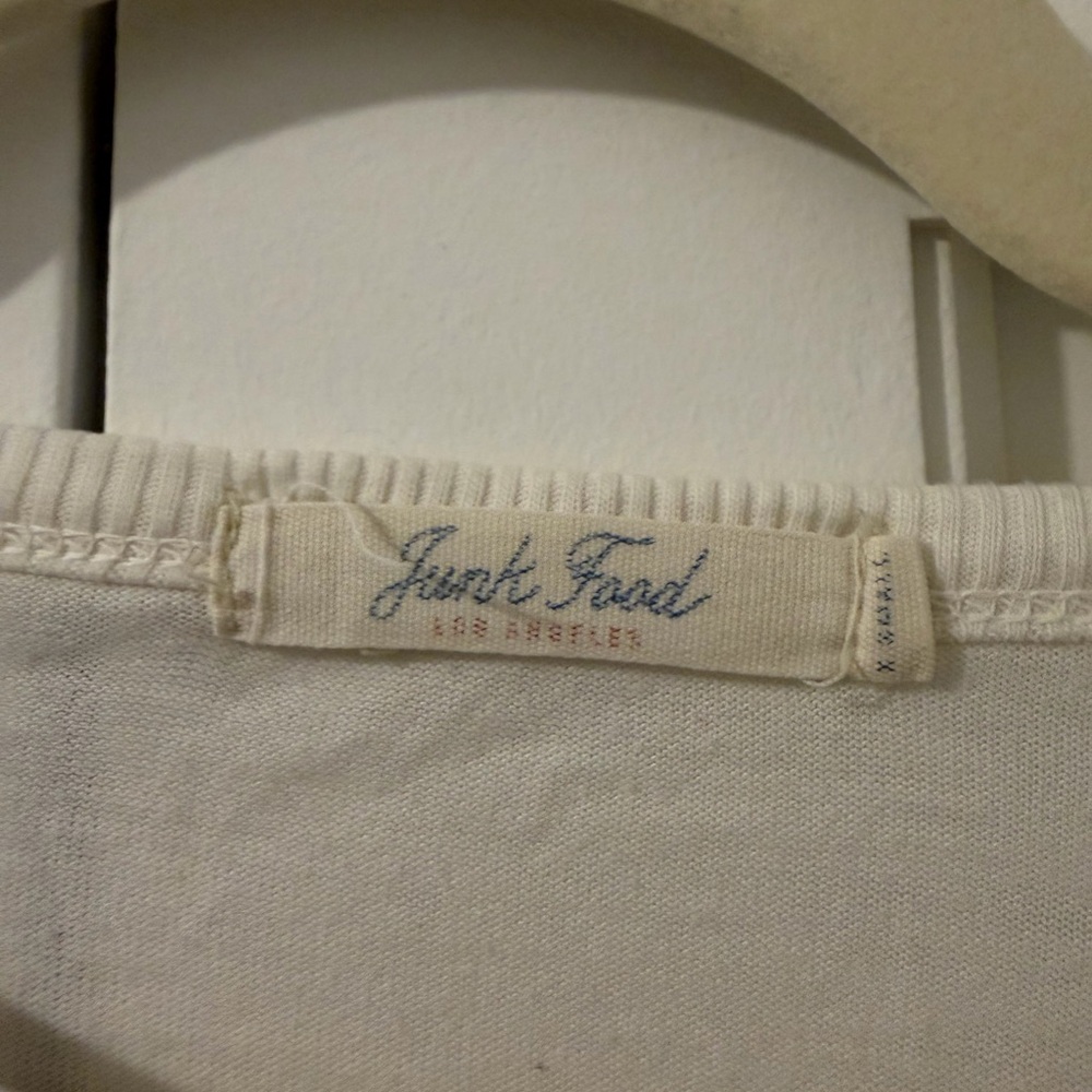 Junk Food Clothing Cream Tee with Blue Script Tag - Picture 2 of 2